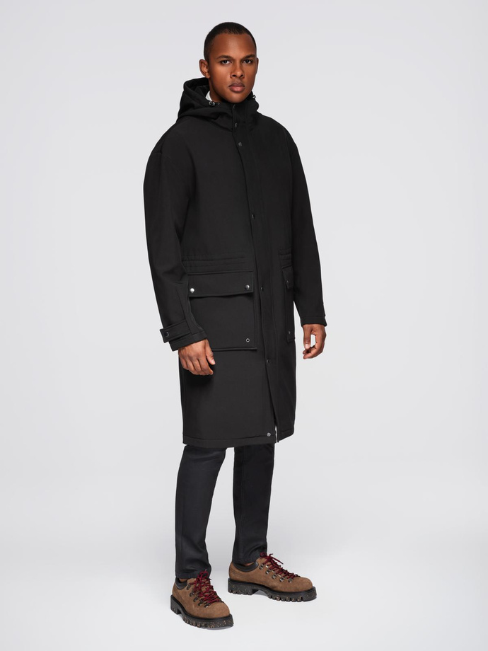Men's parka coat with fleece lining and waist adjustment - black V2 OM-JAPJ-0314
