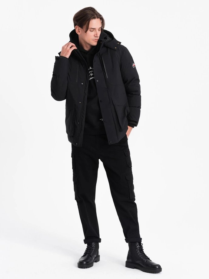 Men's winter jacket with detachable hood and cargo pockets - black V3 OM-JAHP-0152