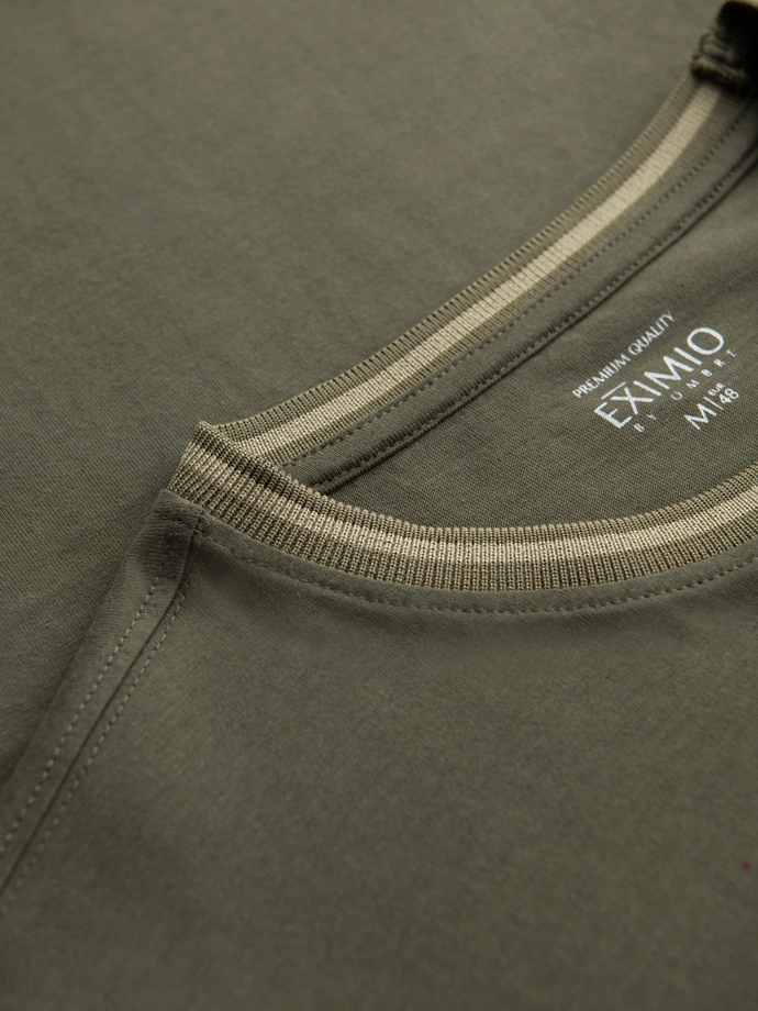 Men's cotton longsleeve with U neckline with stripes and embroidery - olive V1 OM-LSCL-0128