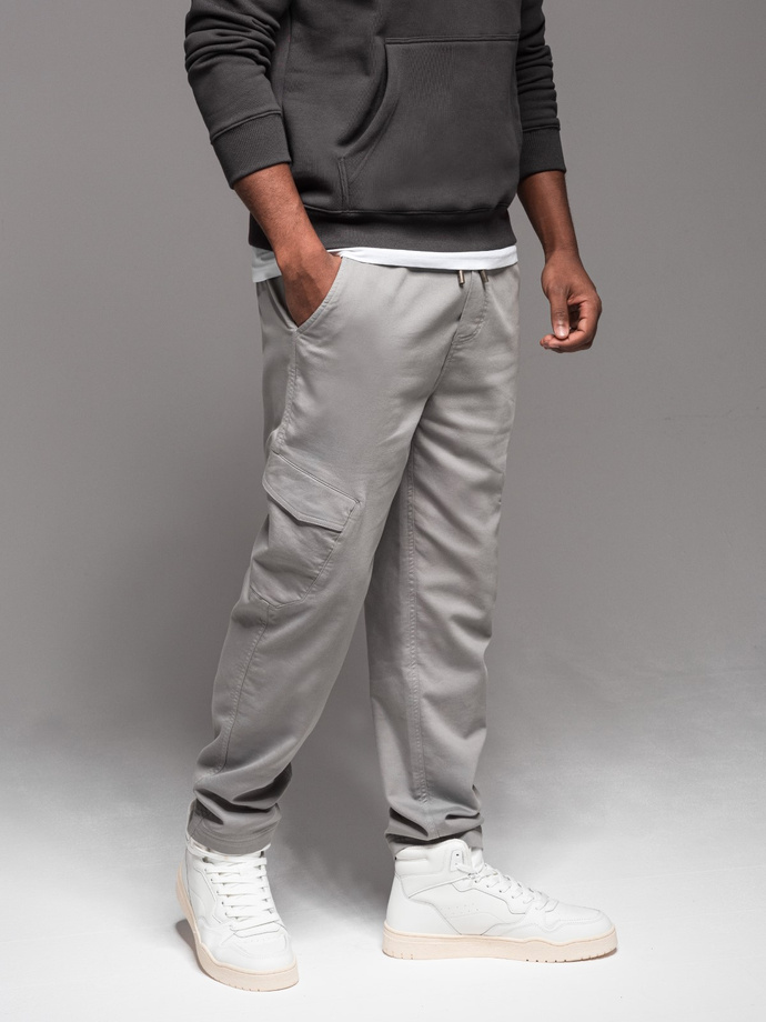 Men's knitted joggers with cargo pockets - light grey V4 OM-PAJO-0199