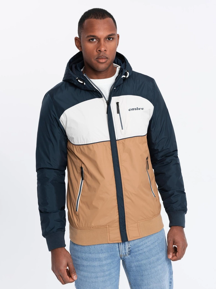 Lightweight colorful men's sports jacket with fleece - brown and navy blue V1 OM-JANP-0194