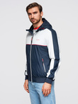 Men's contrast windbreaker jacket with hood - navy blue and white V1 OM-JANP-0228