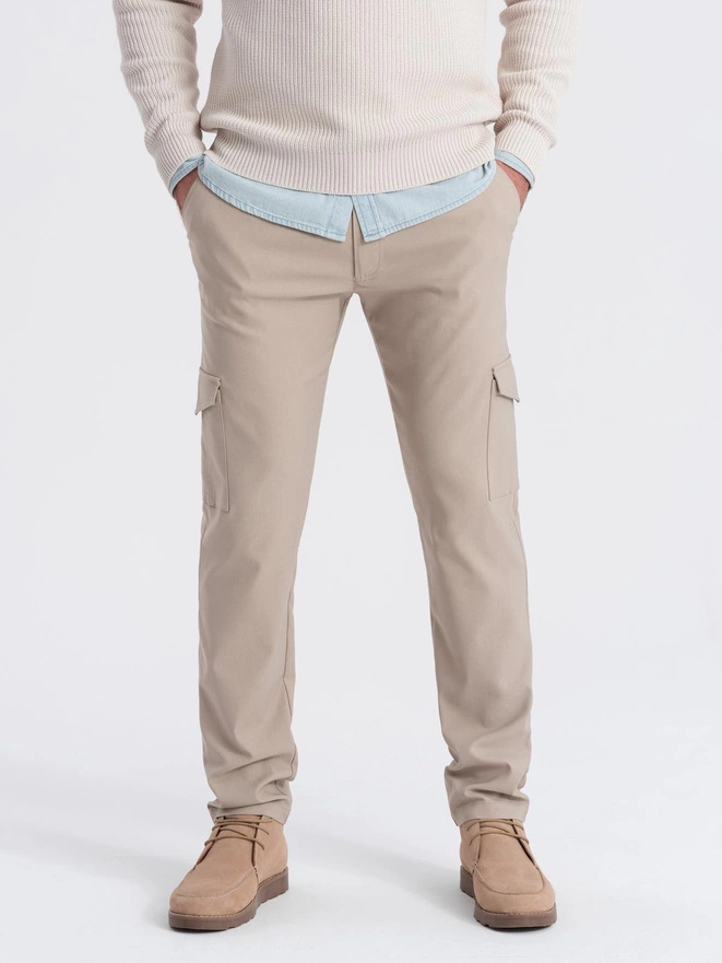 Men's REGULAR fabric pants with cargo pockets - beige V3 OM-PACG-0178