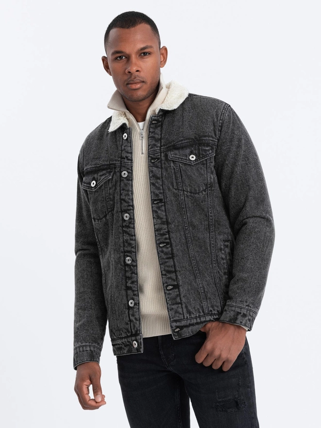 Men's sherpa denim jacket - black V3 OM-JADJ-0125