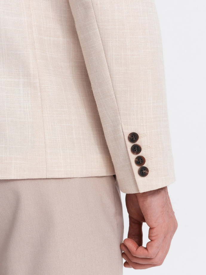 Vyriškas reguliaraus kirpimo švarkas su linu - kreminis V1 OM-BLZB-0128