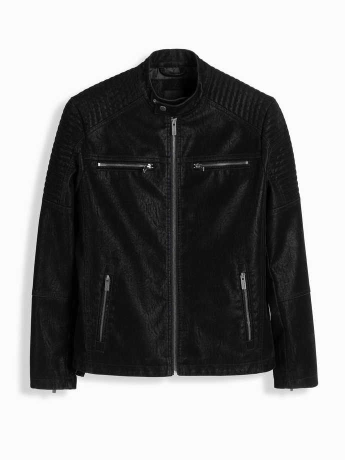Men's retro-style biker jacket with stand-up collar - black V2 OM-JAFL-0197