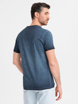 Men's cotton V-neck knit t-shirt with wash effect - navy blue V7 OM-TSWT-0242