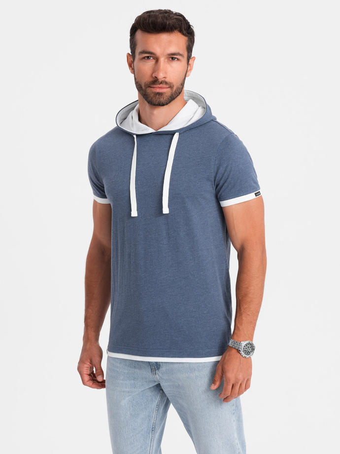Tricou bărbătesc casual din bumbac cu glugă - albastru închis melange V12 OM-TSCT-22SS-001