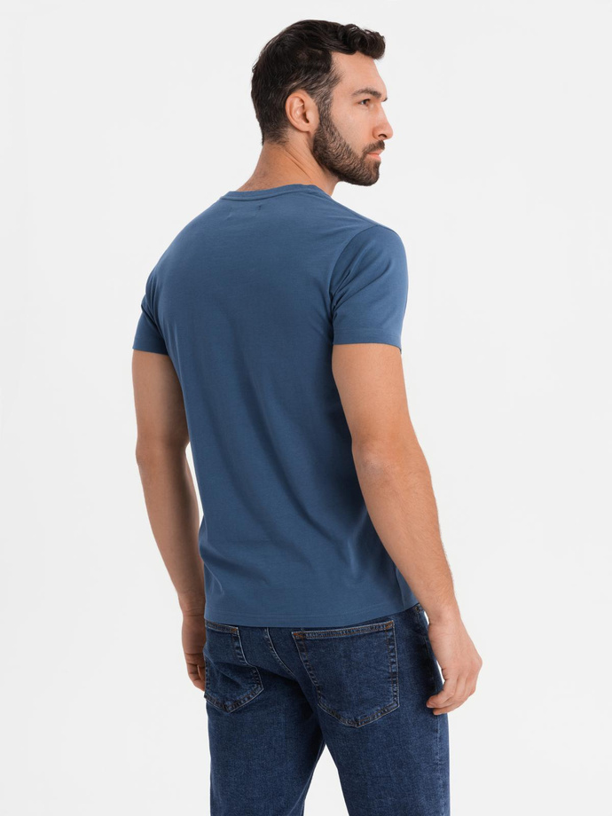 Men's T-shirt with button neckline and suede trim - dark blue V2 OM-TSCT-0206