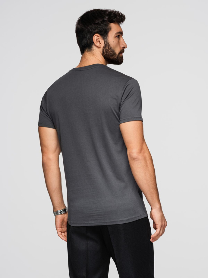 Bumbac clasic pentru bărbați BASIC tricou cu guler în V - maro V10 OM-TSBS-0145