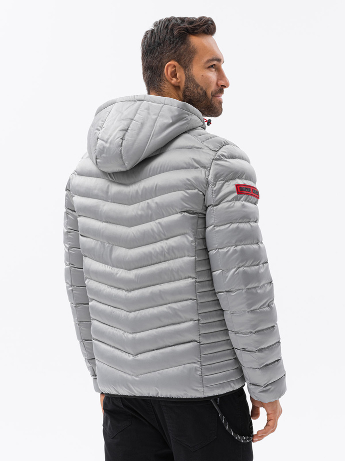 Men's quilted jacket with satin finish - silver V17 OM-JALP-0121
