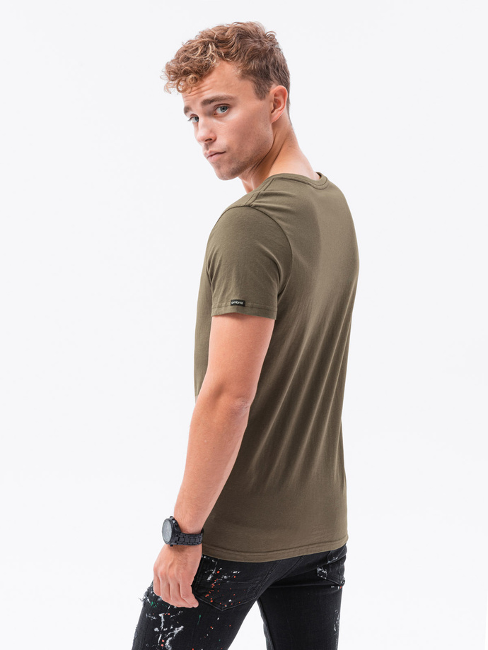 Klasické pánske tričko BASIC s výstrihom - tmavo olivovo zelené V6 S1369