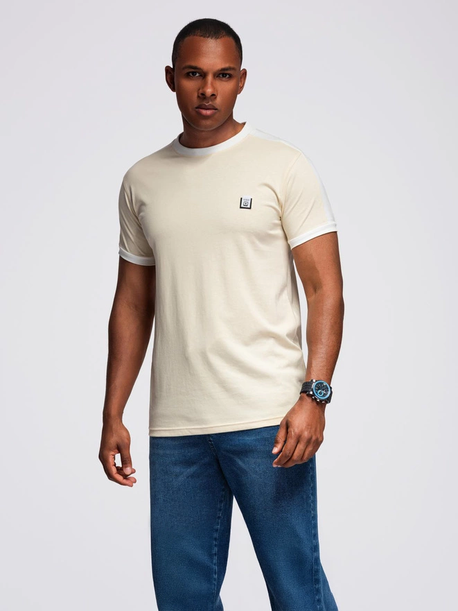 Tricou pentru bărbați cu dungi contrastante - crem V7 OM-TSCT-0115