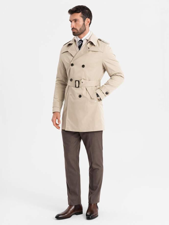 Trench elegant pentru bărbați SLIM FIT cu curea - bej V1 OM-COSC-0126