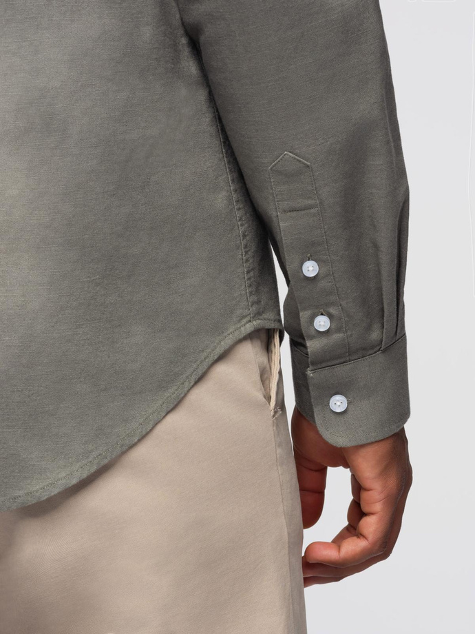 Men's linen shirt with stand-up collar and pocket REGULAR FIT - khaki V6 OM-SHCS-0161