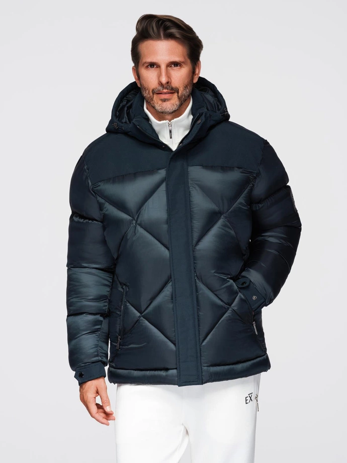 Men's quilted jacket with high zipped hood - black V1 OM-JAHP-0238