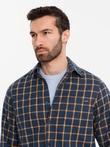 Vyriški SLIM FIT languoti flaneliniai marškiniai - tamsiai mėlyni ir oranžiniai V1 OM-SHCS-0145