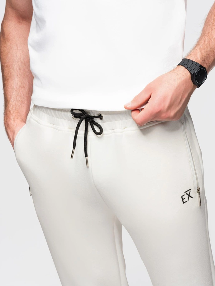 Men's sweatpants with ribbed legs and rubber print - white V2 OM-PASK-0223