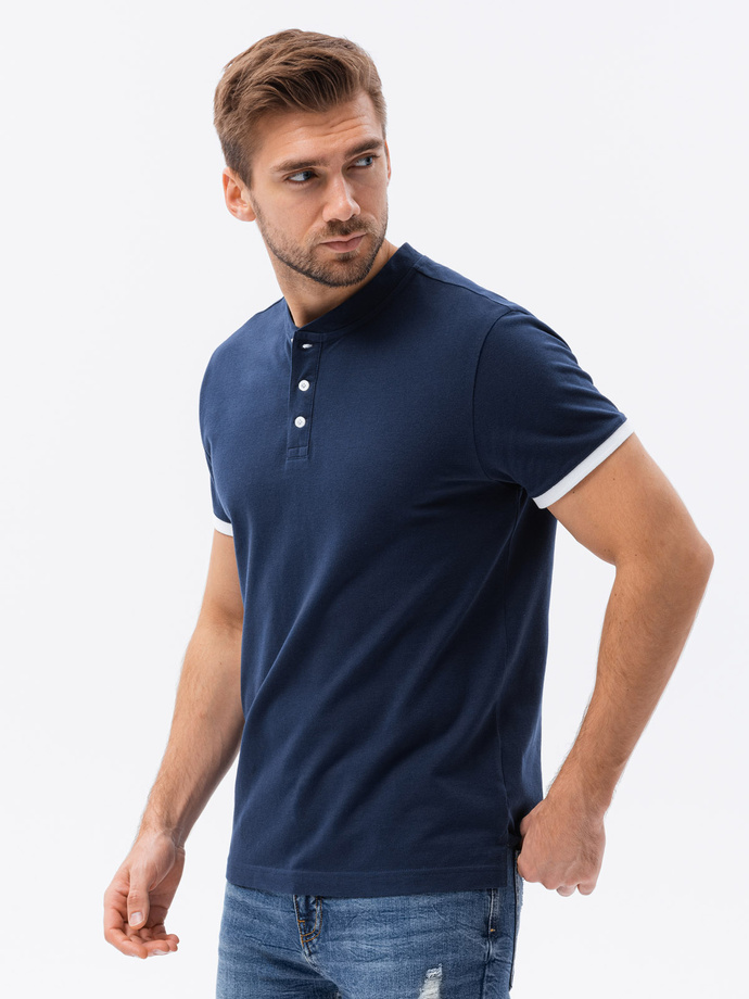 Men's collarless polo t-shirt - navy blue V4 S1381