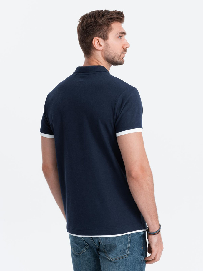 Men's cotton polo shirt with contrast trim - navy blue V4 OM-POSS-0113