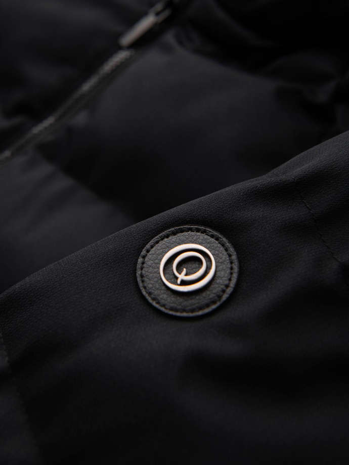 Men's long quilted jacket with hood - black V1 OM-JALJ-0264