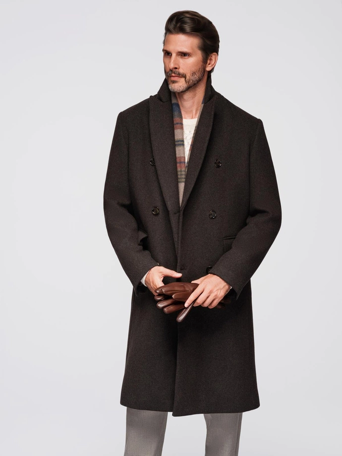 Men's double-breasted wool coat - dark brown V3 OM-COWC-0133