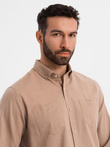 Men's linen shirt with classic collar and pockets REGULAR FIT - light brown V7 OM-SHCS-0134