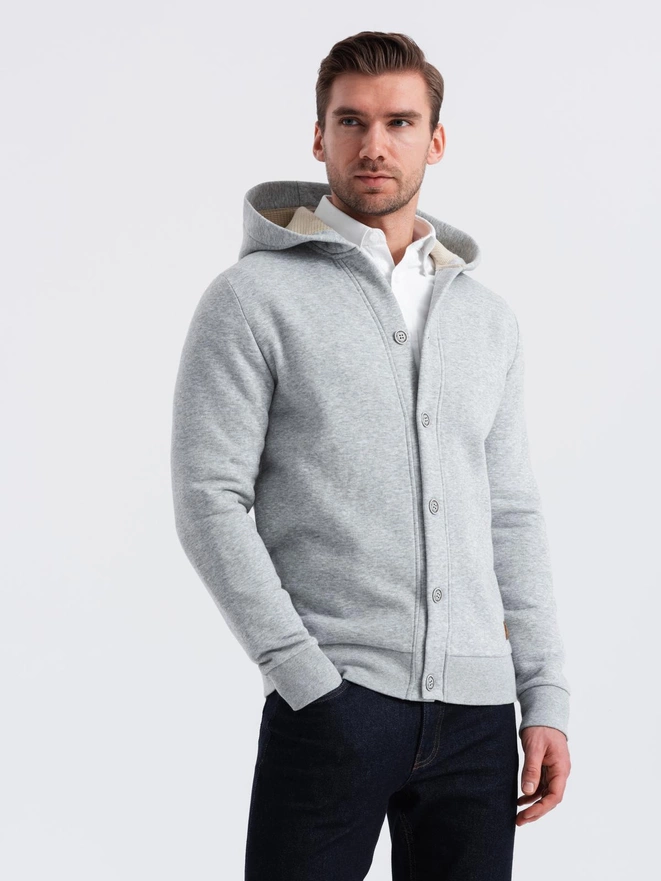 Men's button-down hooded sweatshirt - grey melange V2 OM-SSZP-0186