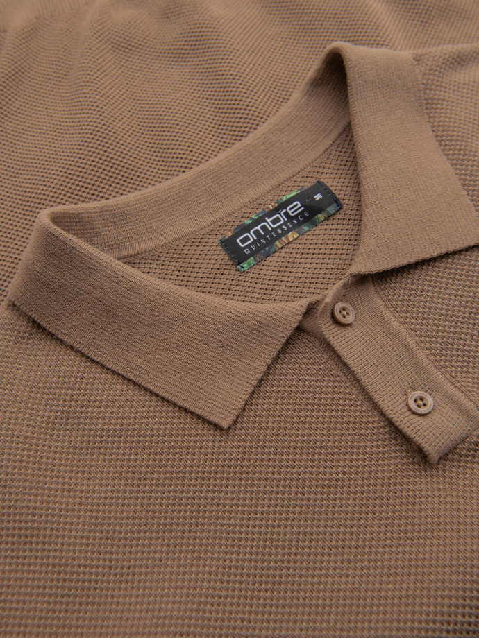 Vyriški medvilniniai struktūrinio trikotažo polo marškinėliai - šviesiai rudi V3 OM-POSS-0117