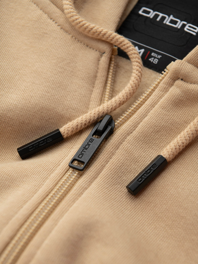 Men's unbuttoned sweatshirt with hood and patch - sand V2 OM-SSZP-0140