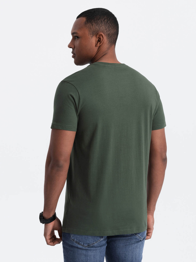 Casual men's t-shirt with patch on pocket - dark olive V4 OM-TSCT-0109