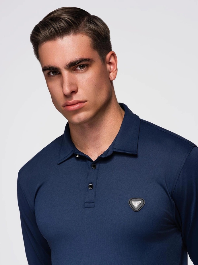 Tricou polo cu mânecă lungă și nasturi eleganți de marcă - albastru marin V3 OM-POLS-0139