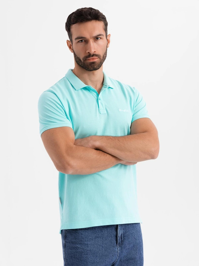 Tricou polo BASIC BASIC pentru bărbați, o singură culoare, din tricot piqué - verde neon V25 OM-POBS-0100