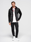Men's denim jacket with knitted sleeves and hood - black V3 OM-JADJ-0220