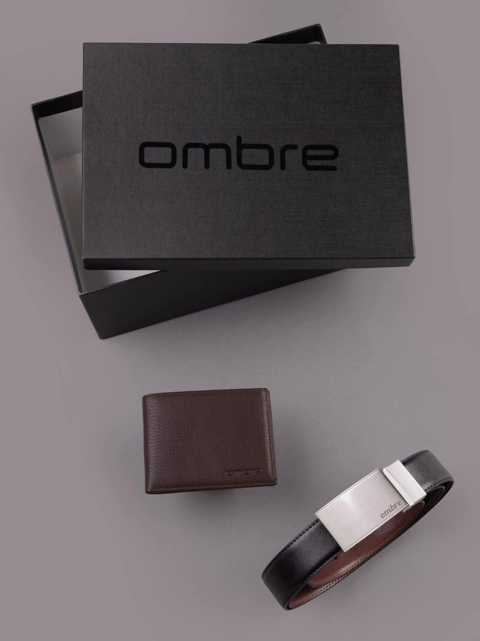 Gift set for him - double-sided black/brown belt with buckle + brown leather wallet Z69