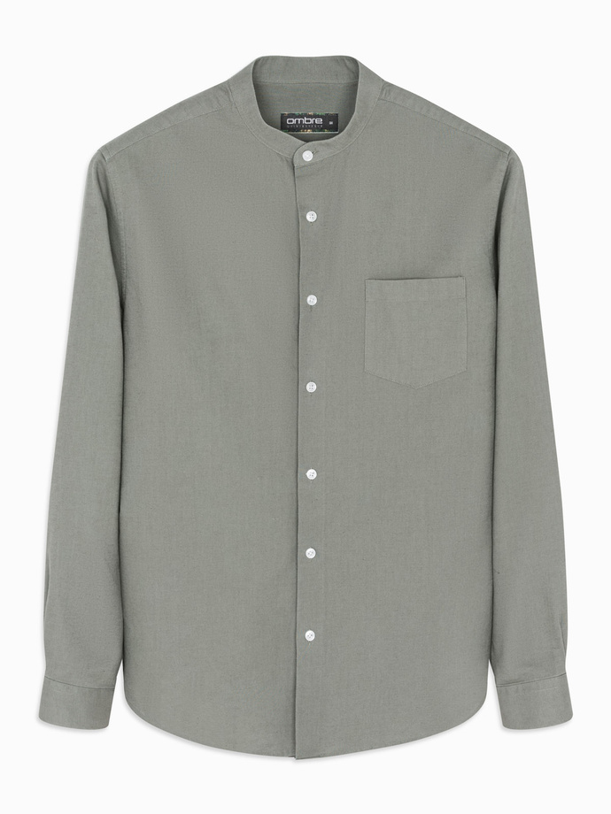 Pánská plátěná košile se stojáčkem a kapsou REGULAR FIT - khaki V6 OM-SHCS-0161