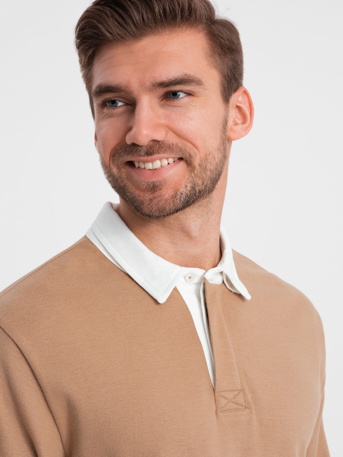 Men's sweatshirt with white polo collar - light brown V8 OM-SSNZ-0132