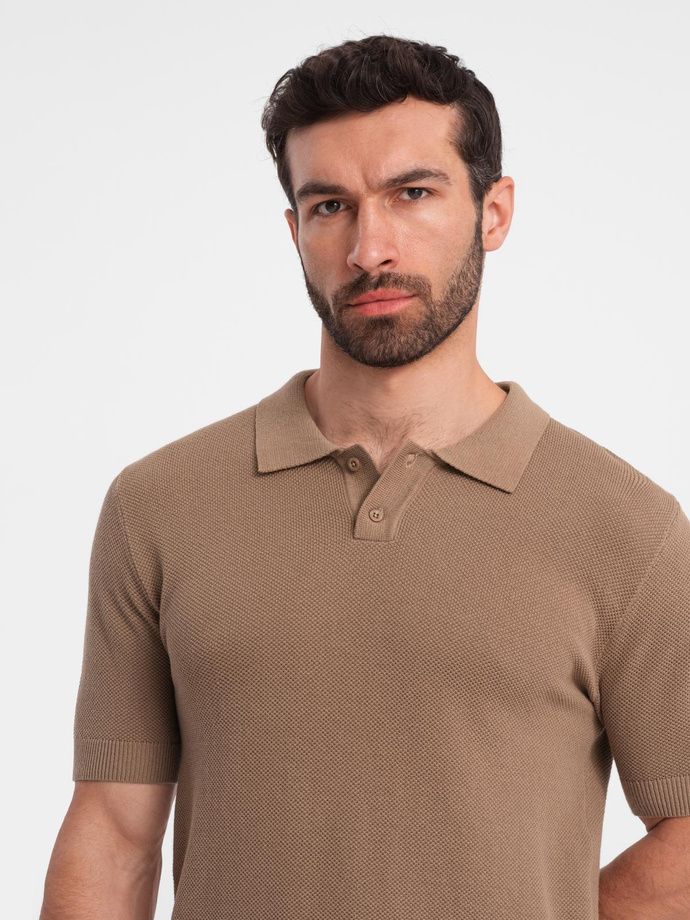 Tricou polo structurat pentru bărbați - maro deschis V3 OM-POSS-0117