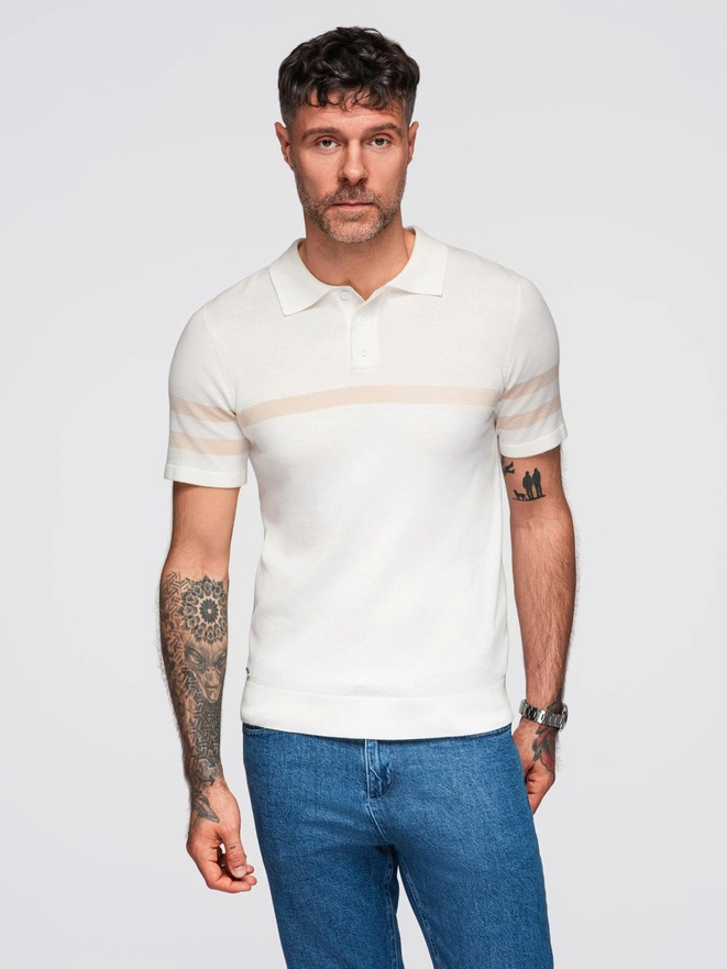 Tricou polo bărbătesc din tricot moale cu dungi contrastante - crem V3 OM-POSS-0118