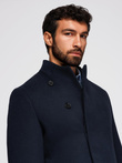 Men's coat with asymmetrical fastening and high collar - navy blue V3 OM-COWC-0141