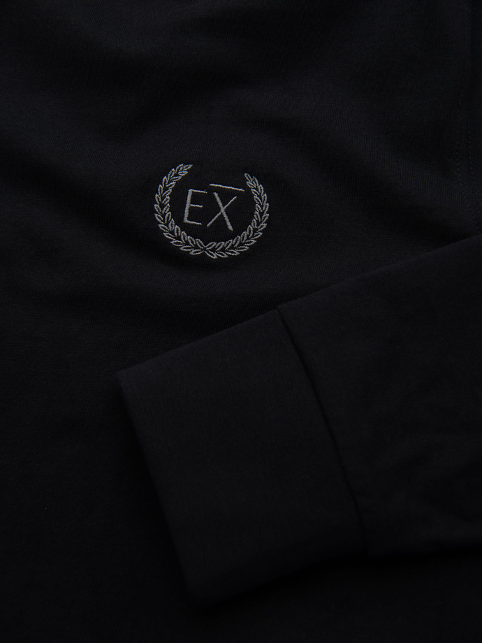 Men's cotton longsleeve with striped U neckline and embroidery - black V4 OM-LSCL-0128