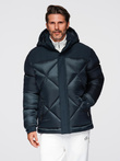 Men's hooded jacket with geometric diamond quilting - navy blue V2 OM-JAHP-0237
