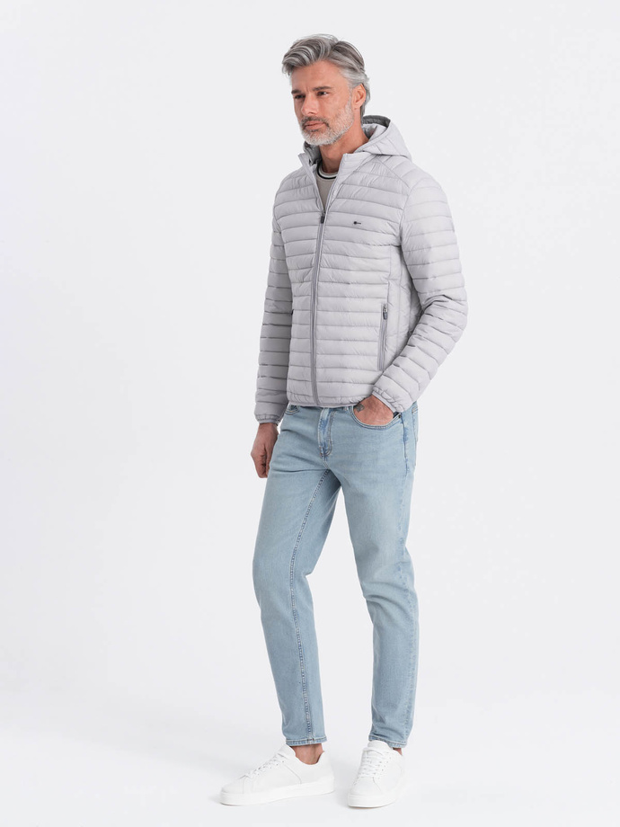 Jachetă bomber bărbătească satinată cu ornamente contrastante cu nervuri - negru V1 OM-JALP-22FW-007