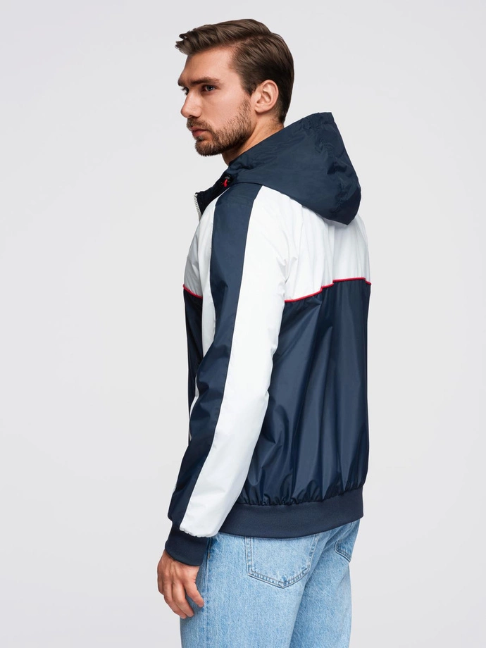 Men's contrast windbreaker jacket with hood - navy blue and white V1 OM-JANP-0228
