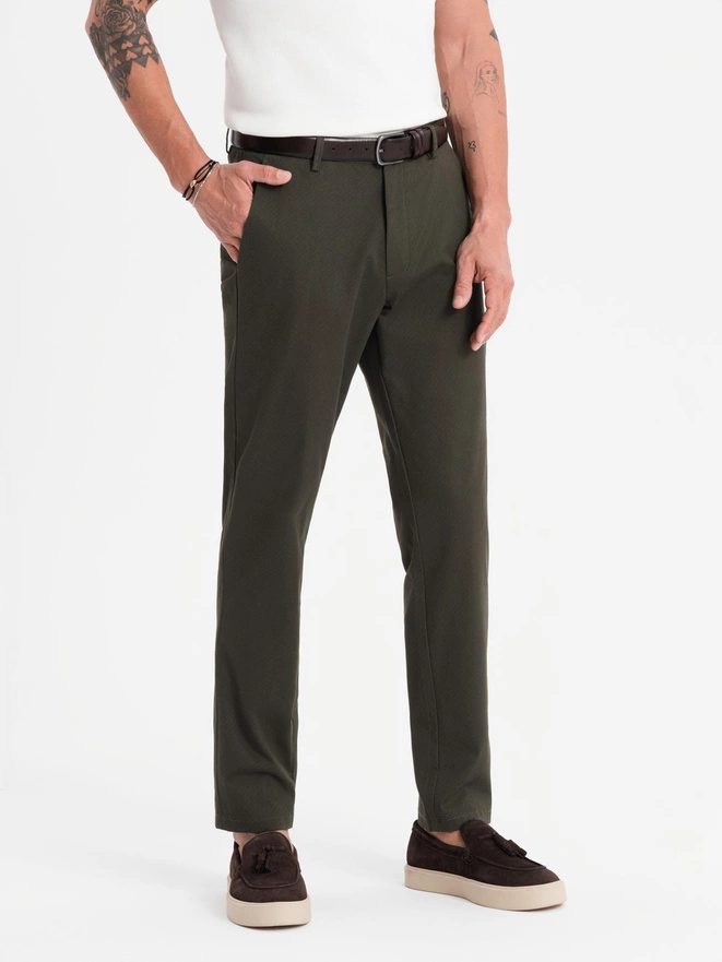 Vyriškos REGULAR FIT plonos tekstūros chino kelnės - tamsiai žalios V4 OM-PACP-0184