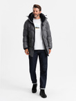 Men's long puffer jacket with snap pockets - graphite V1 OM-JALJ-0186
