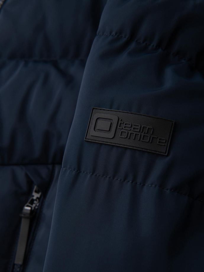 Vyriška striukė su asimetrišku dygsniavimu ir gobtuvu - tamsiai mėlyna V4 OM-JAHP-0304