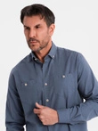 Men's linen shirt with classic collar and pockets REGULAR FIT - blue V4 OM-SHCS-0134