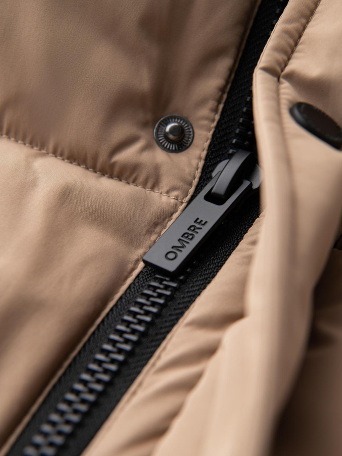 Jachetă lungă matlasată pentru bărbați cu glugă detașabilă - bej V2 OM-JALJ-0190