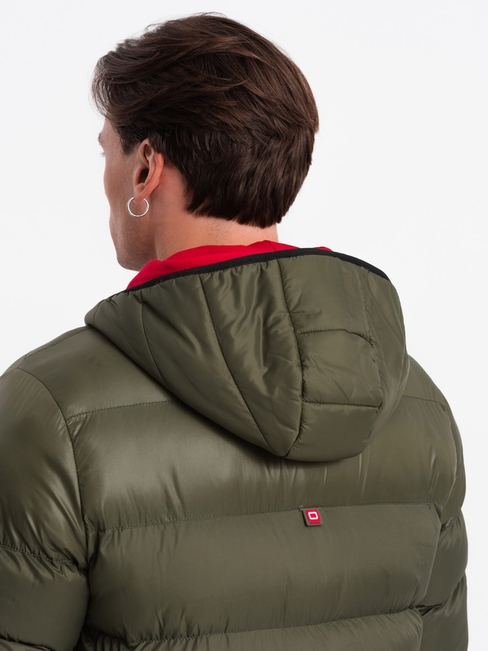 Men's quilted winter jacket with combined materials - dark olive green V3 OM-JAHP-0145